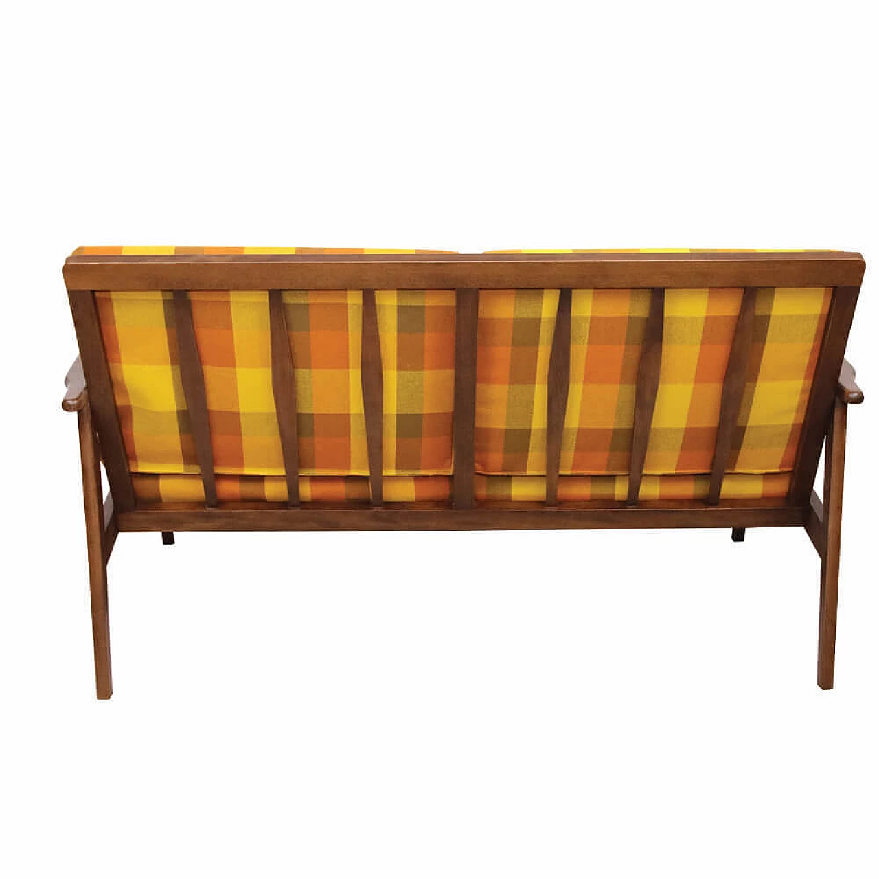 Two-seater wood and multicolored checkered fabric sofa, 1960s 4