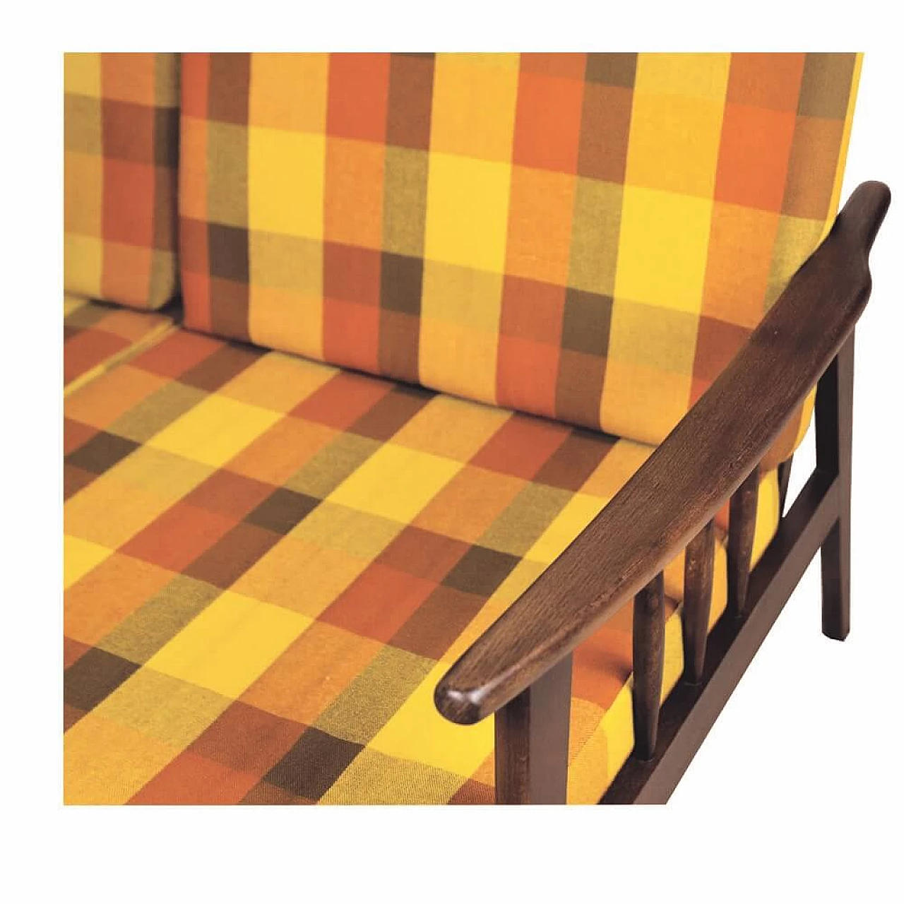 Two-seater wood and multicolored checkered fabric sofa, 1960s 5