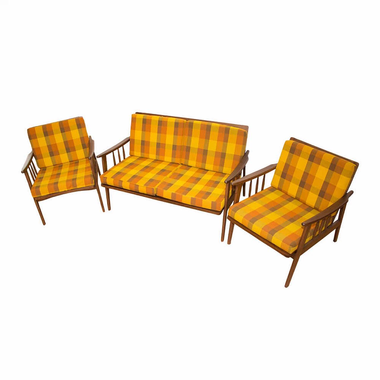 Two-seater wood and multicolored checkered fabric sofa, 1960s 8