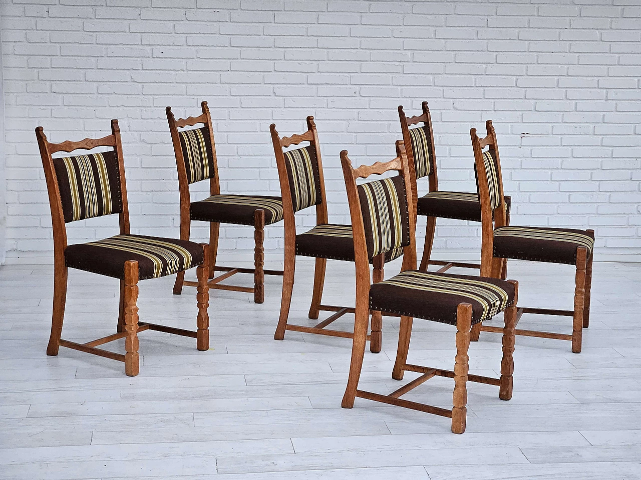 6 Danish chairs in oak and brown wool, 1970s 1
