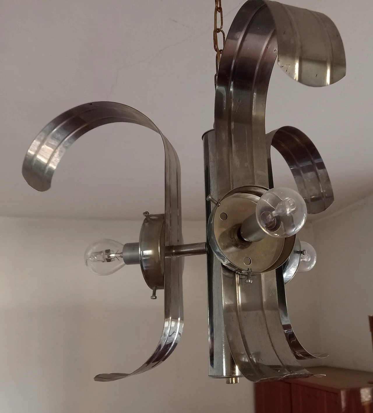 Lampadario a tre luci in vetro e metallo cromato, anni '70 16