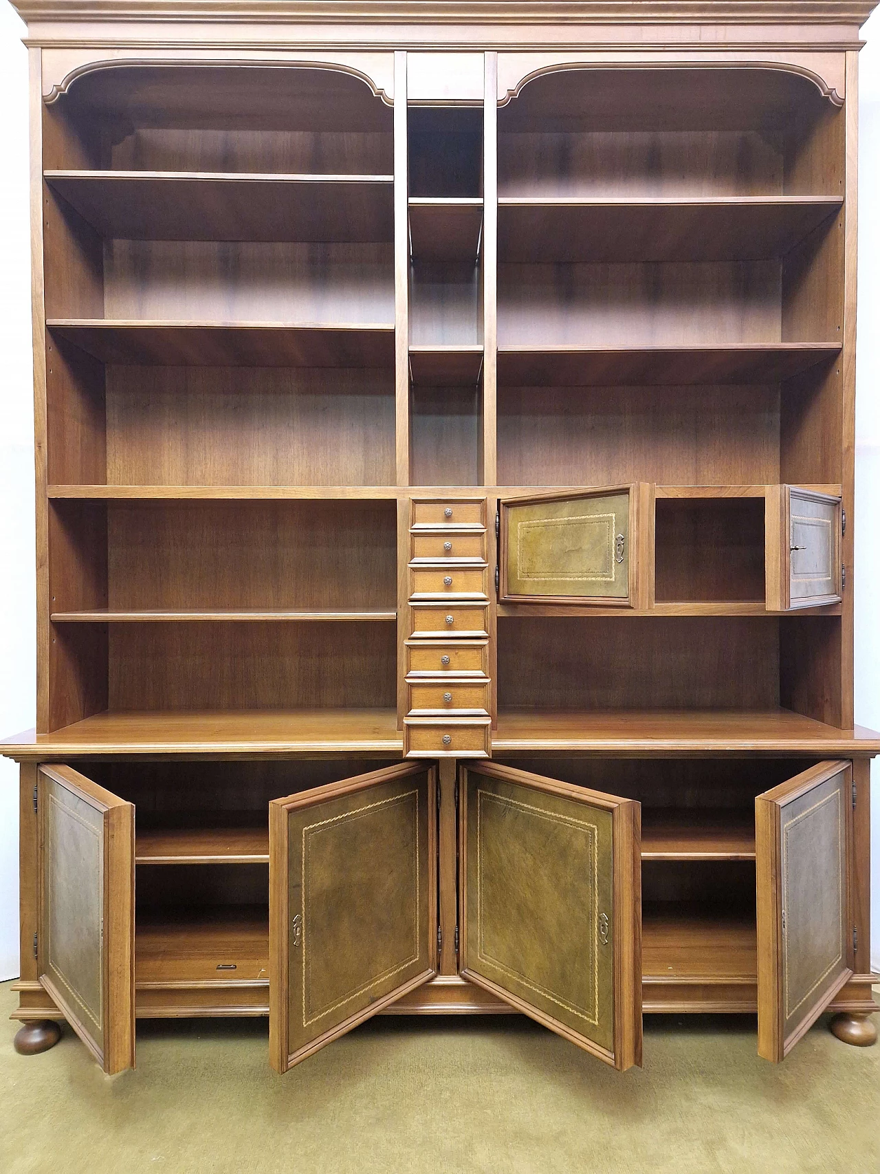 Florentine style national walnut and olive green leather bookcase, 1980s 3