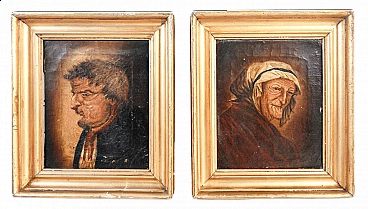 Pair of grotesque portraits, oil on canvas, 19th century