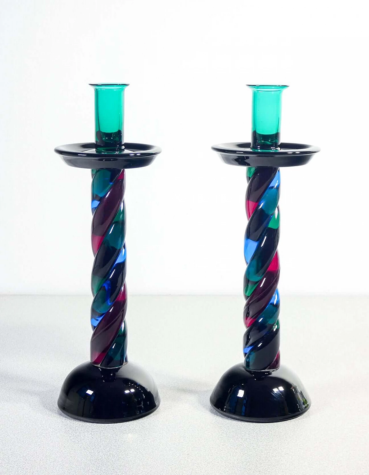Pair of polychrome blown glass candlesticks from Murano, 1950s 1