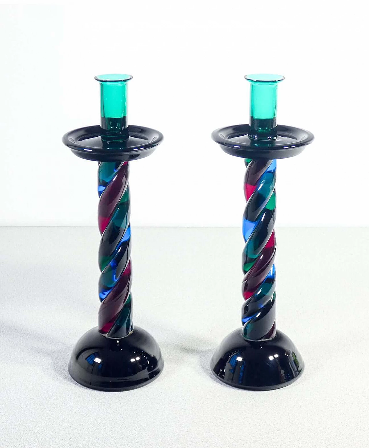 Pair of polychrome blown glass candlesticks from Murano, 1950s 2