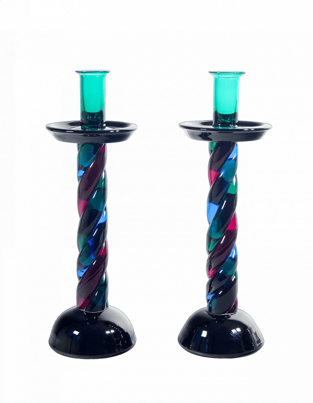 Pair of polychrome blown glass candlesticks from Murano, 1950s 8