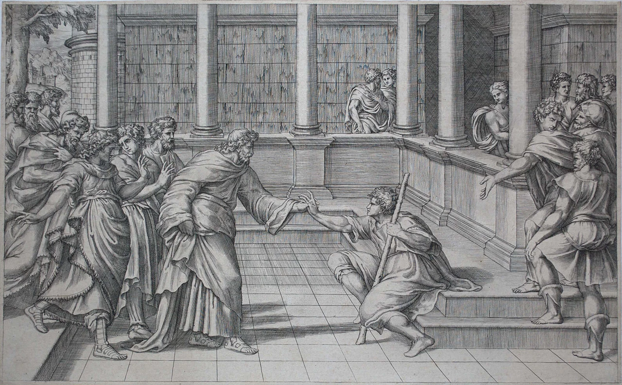 Scuola di Raimondi, La guarigione del Cieco, acquaforte, '500 1