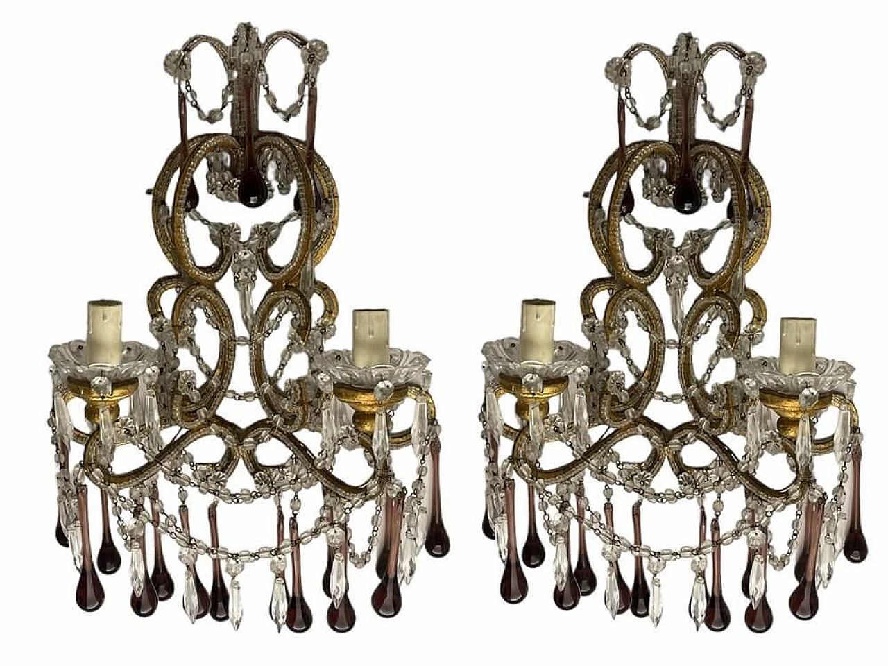 Coppia di applique in vetro di Murano ametista e cristallo, anni '50 1