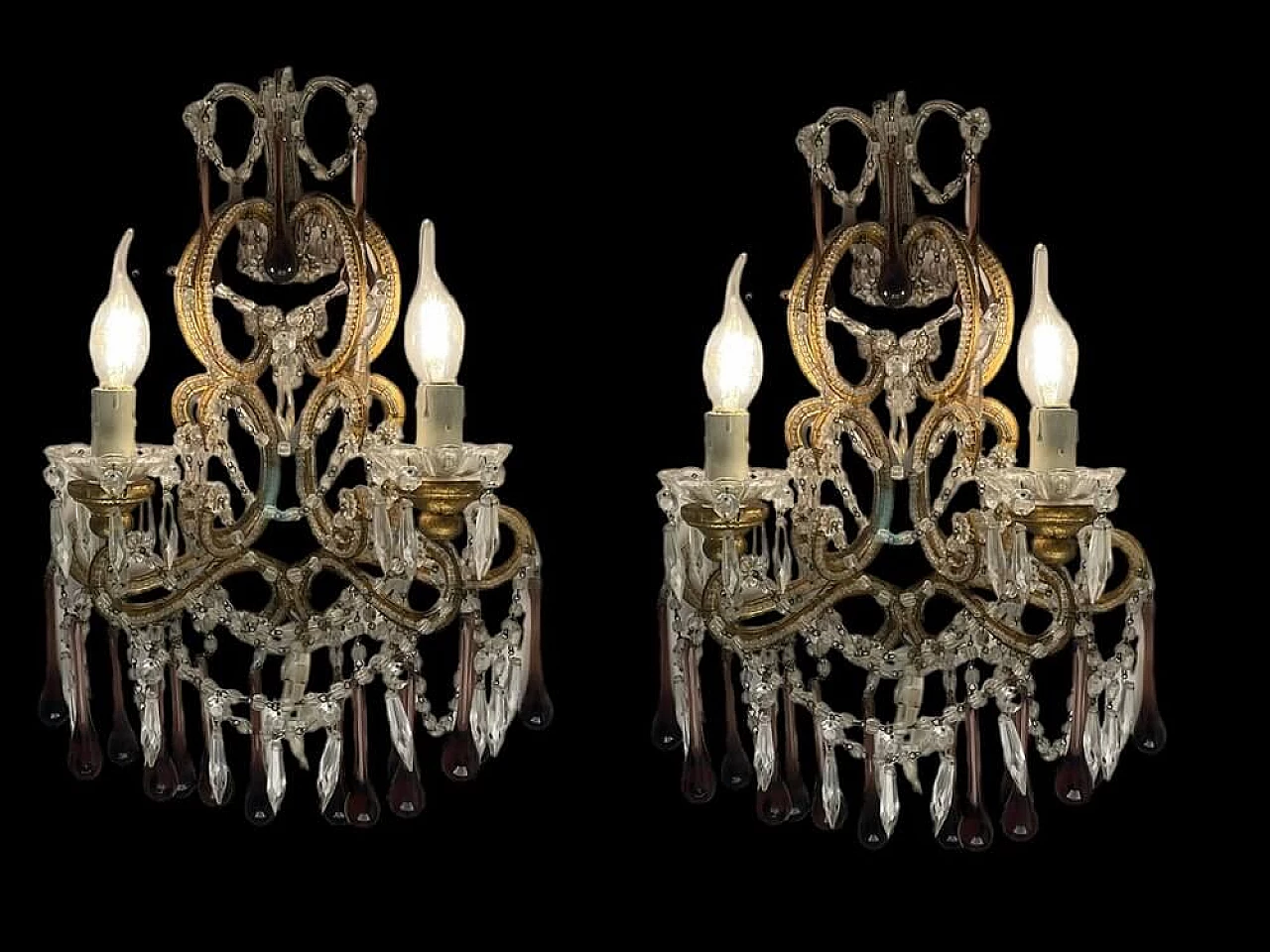 Coppia di applique in vetro di Murano ametista e cristallo, anni '50 4