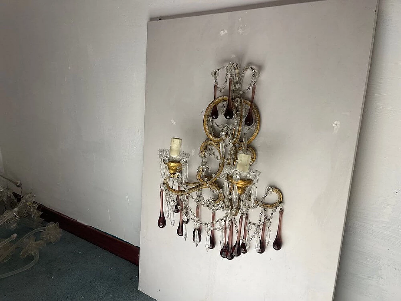 Coppia di applique in vetro di Murano ametista e cristallo, anni '50 7