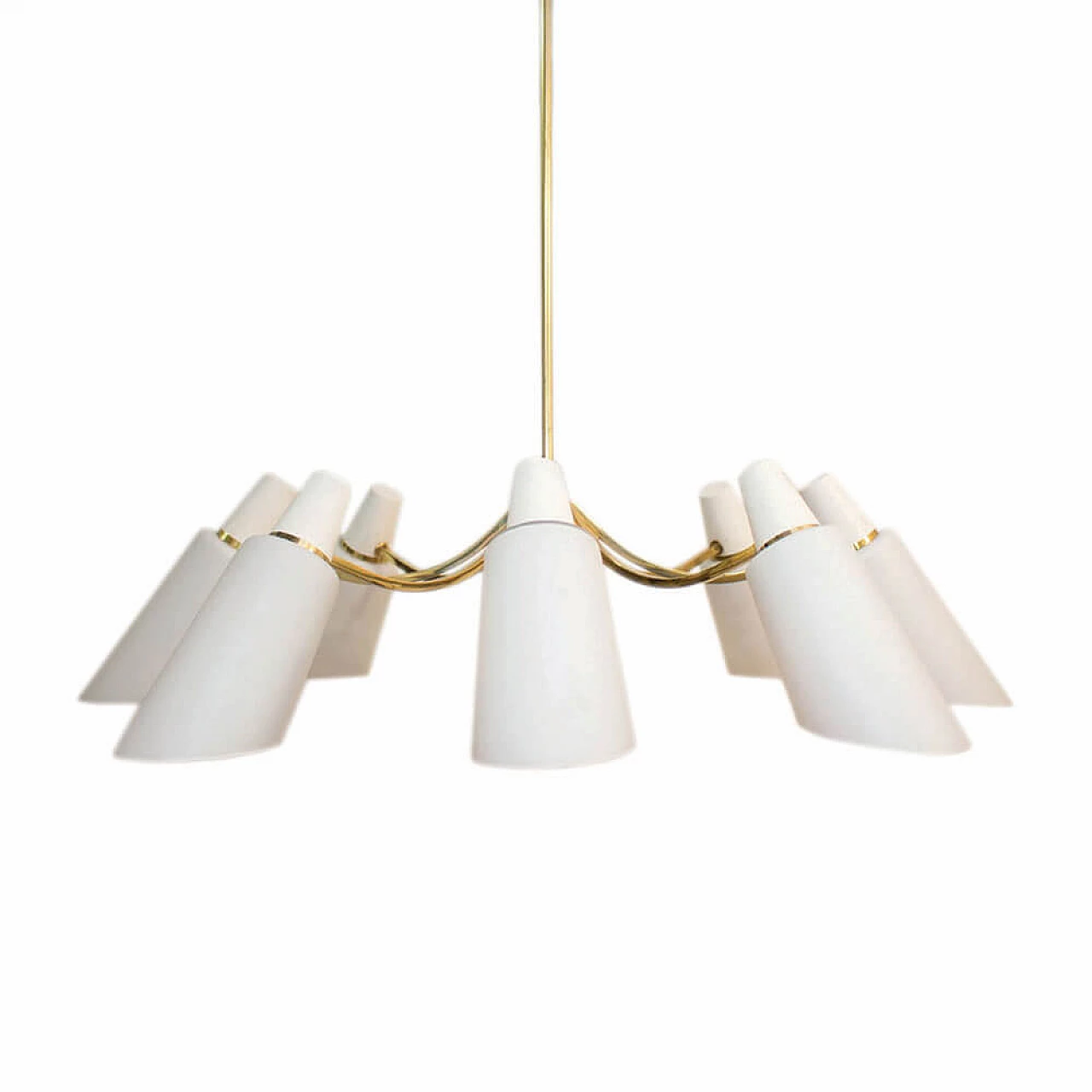 Eight-light brass and opaline glass chandelier, 1950s 2