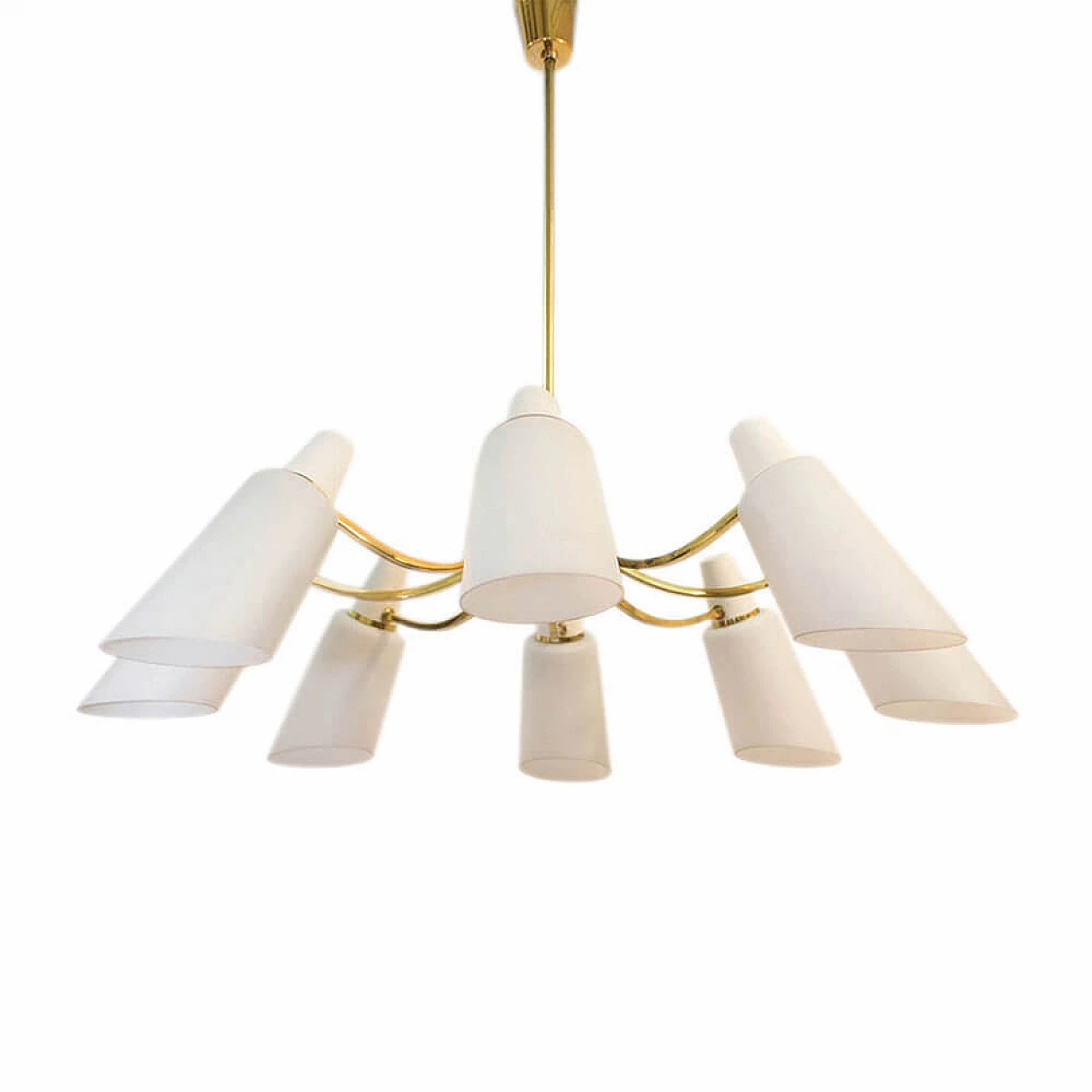 Eight-light brass and opaline glass chandelier, 1950s 3