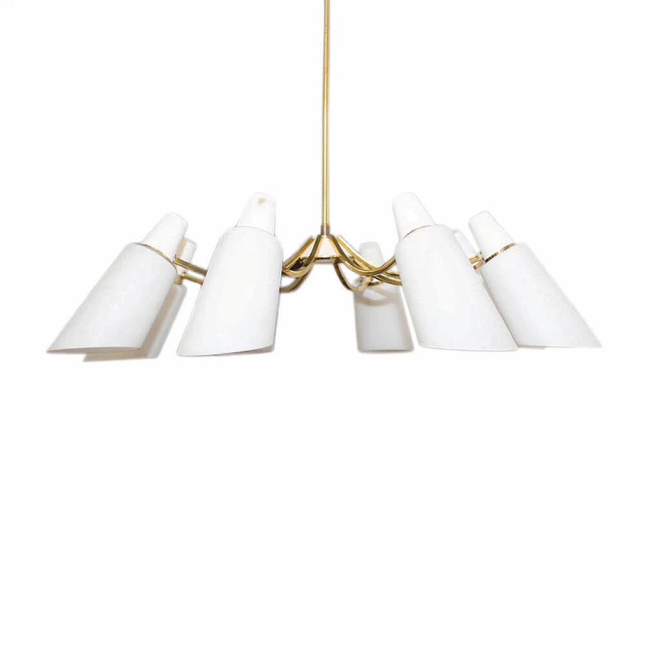 Eight-light brass and opaline glass chandelier, 1950s 5