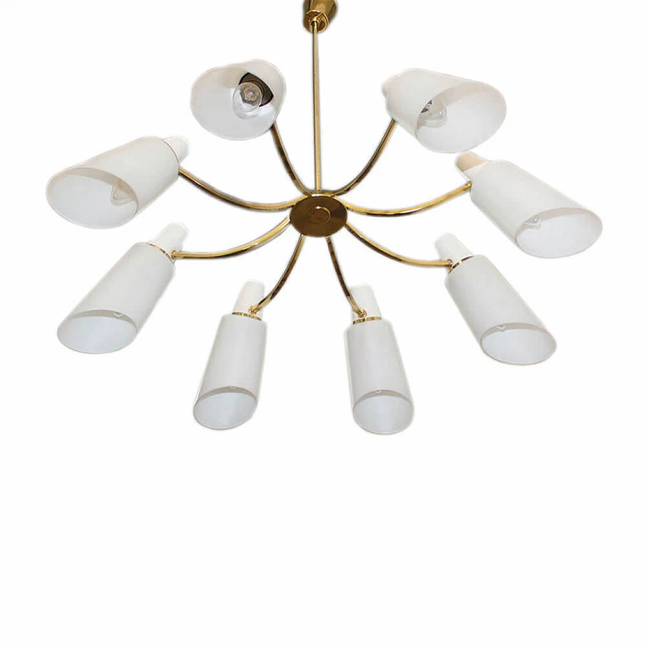 Eight-light brass and opaline glass chandelier, 1950s 7