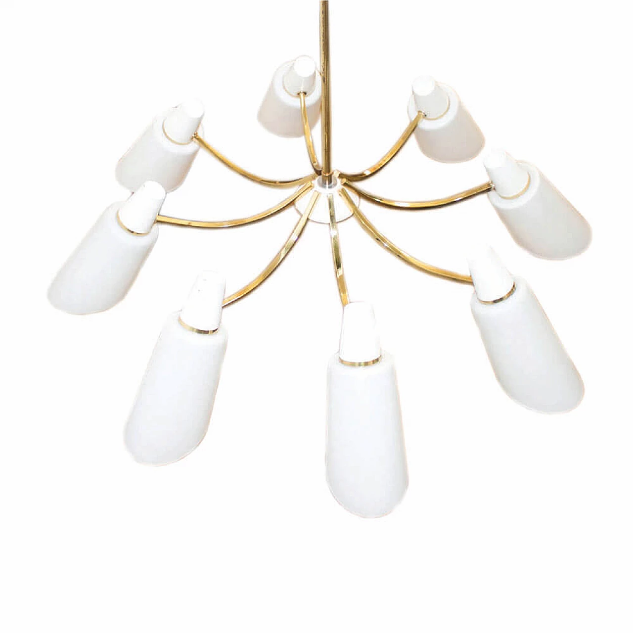 Eight-light brass and opaline glass chandelier, 1950s 8