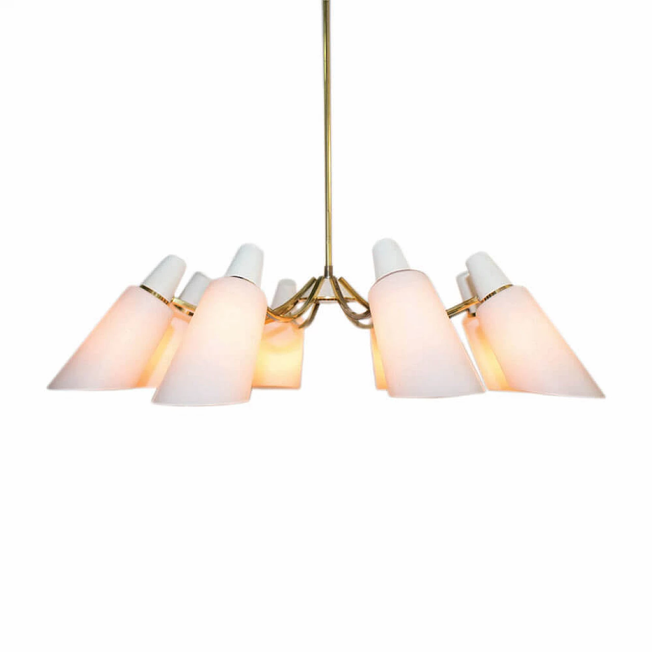 Eight-light brass and opaline glass chandelier, 1950s 9