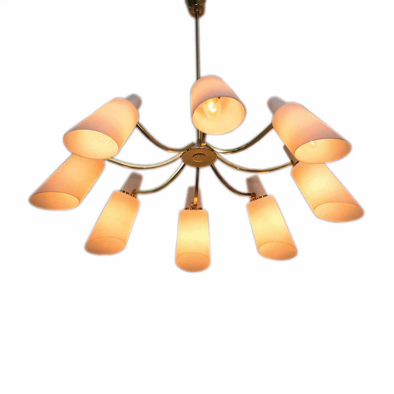 Eight-light brass and opaline glass chandelier, 1950s 10