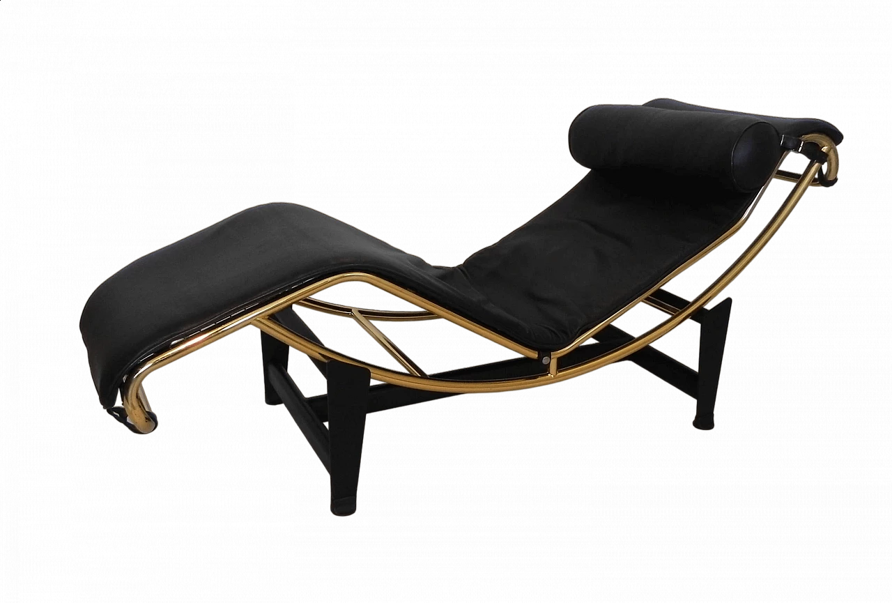 Bauhaus style gilded metal and leather chaise longue, 1980s 22