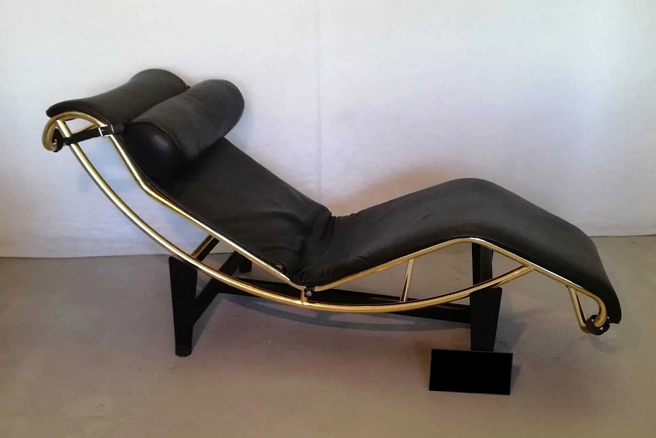 Chaise longue stile Bauhaus in metallo dorato e pelle, anni '80 23