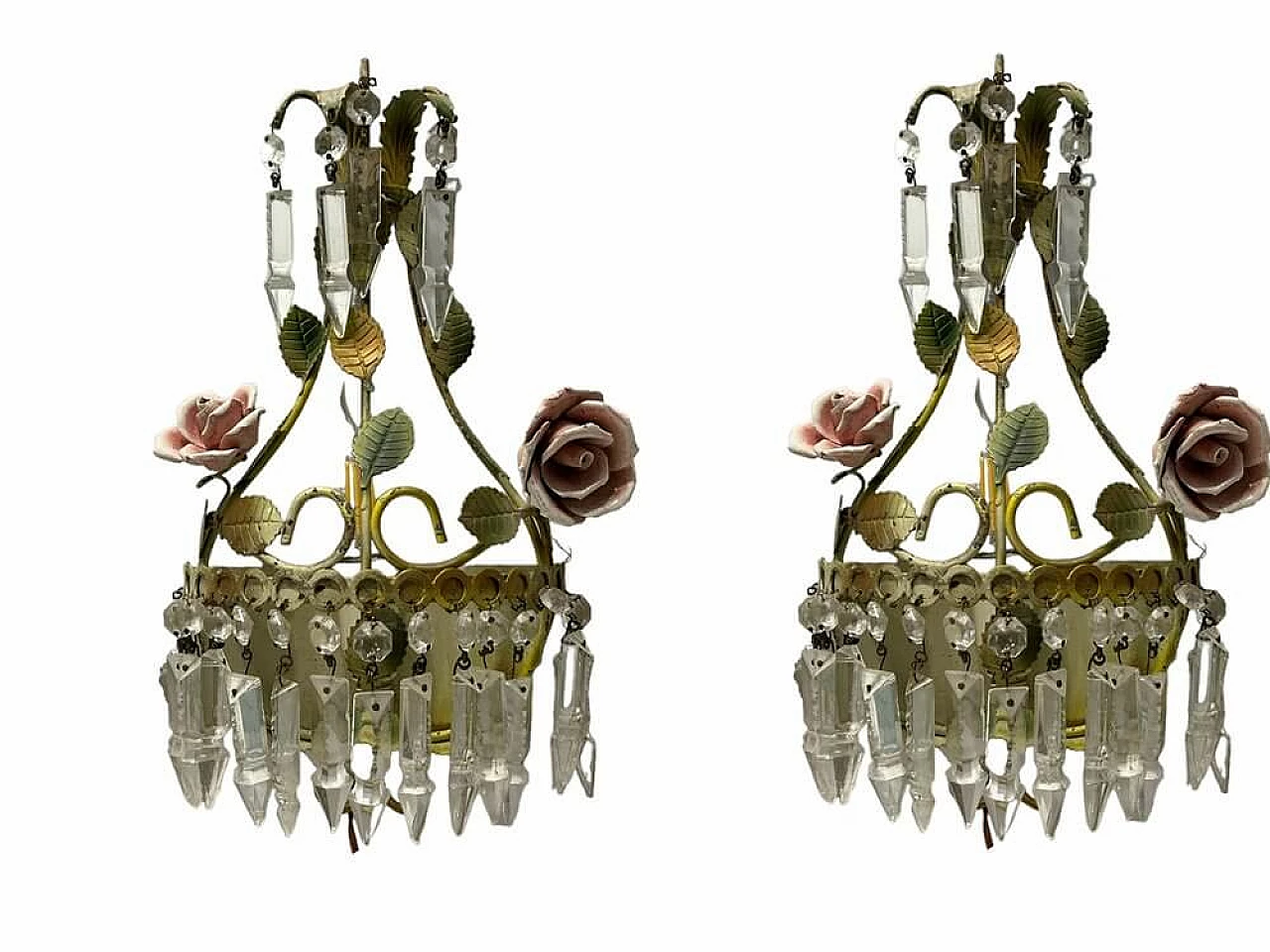 Pair of toleware, ceramic and crystal wall lights, 1960s 1