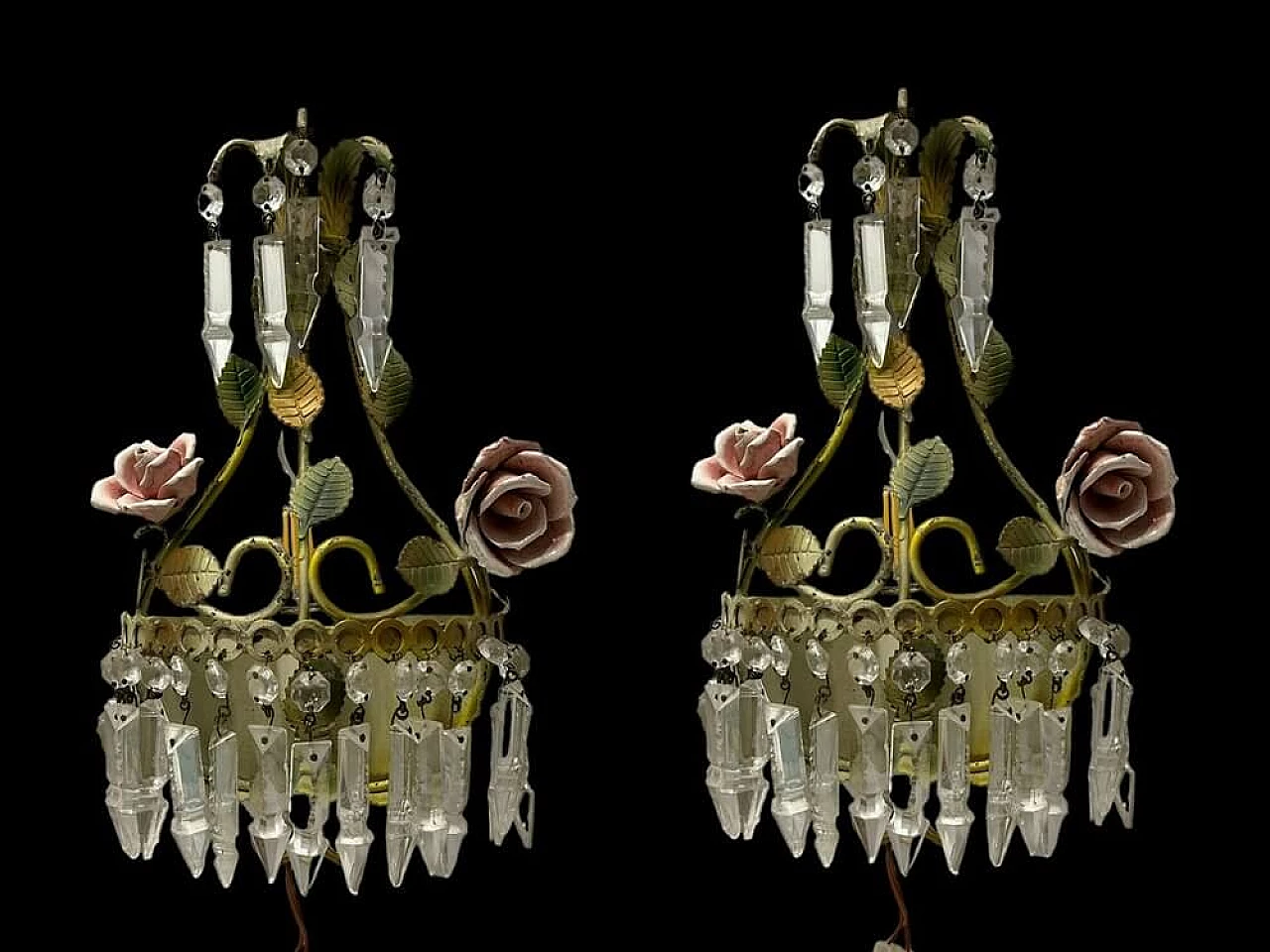 Pair of toleware, ceramic and crystal wall lights, 1960s 4
