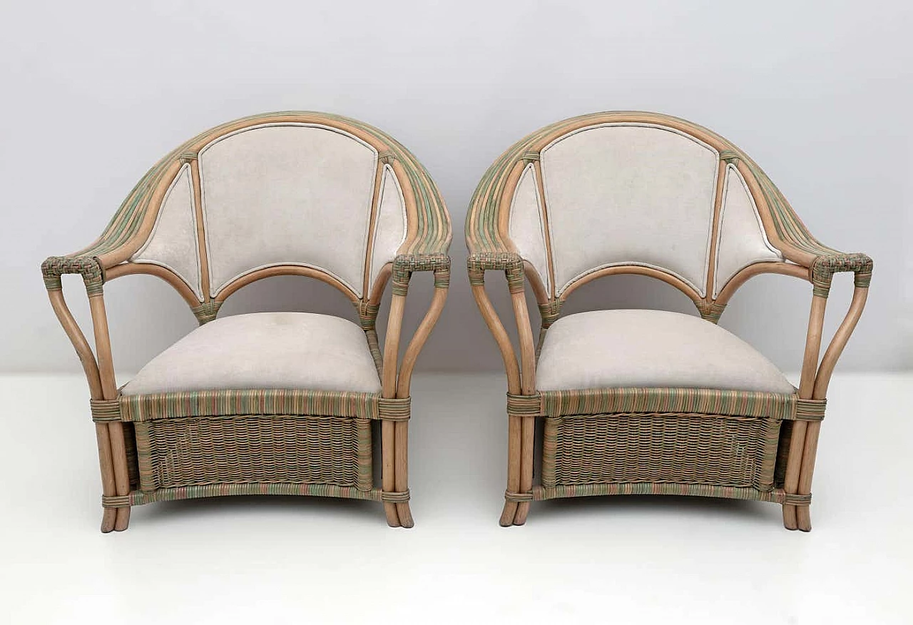 Pair of wicker and rattan armchairs and sofa, 1970s 1