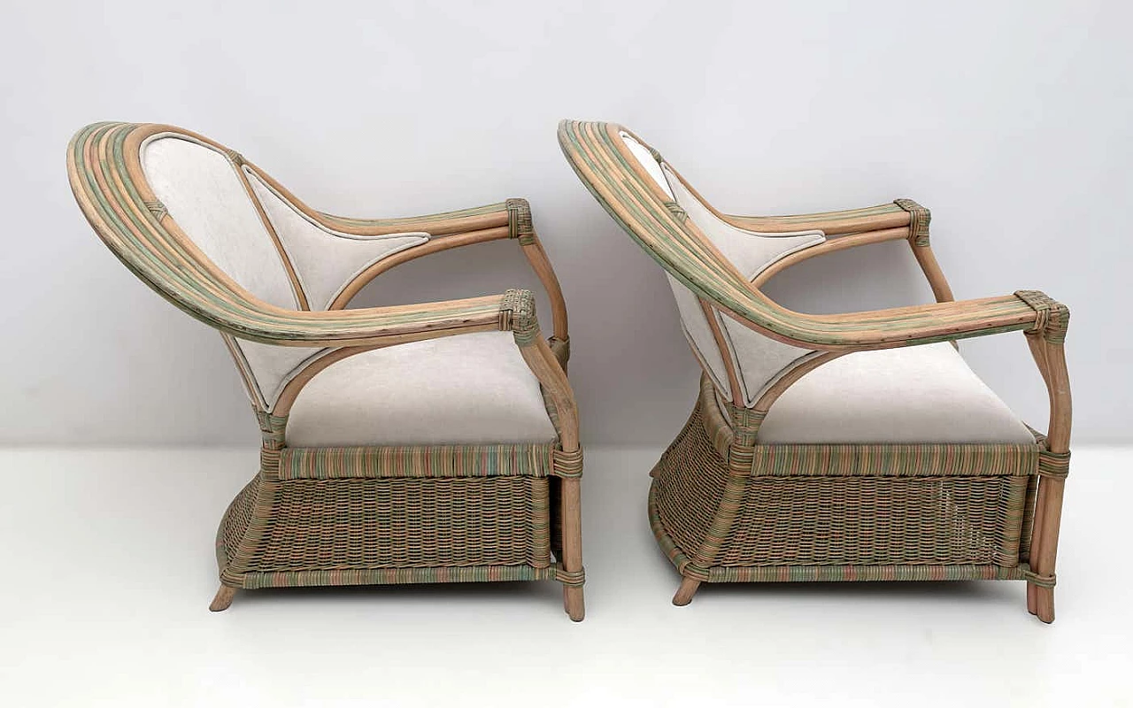 Pair of wicker and rattan armchairs and sofa, 1970s 4