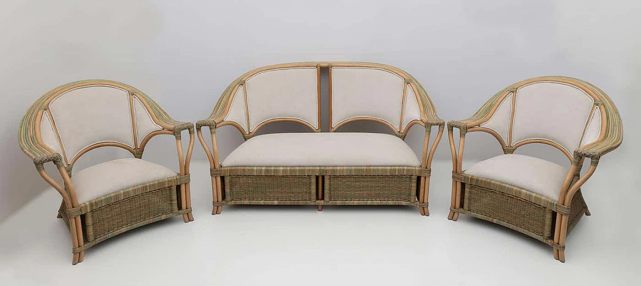 Pair of wicker and rattan armchairs and sofa, 1970s 11