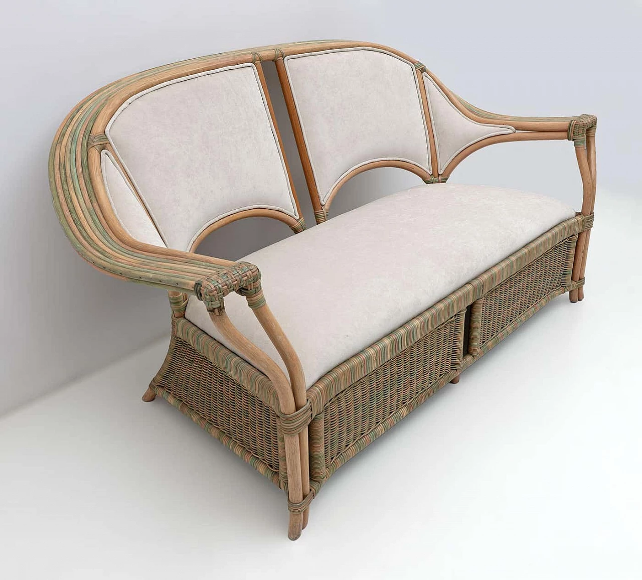 Pair of wicker and rattan armchairs and sofa, 1970s 13