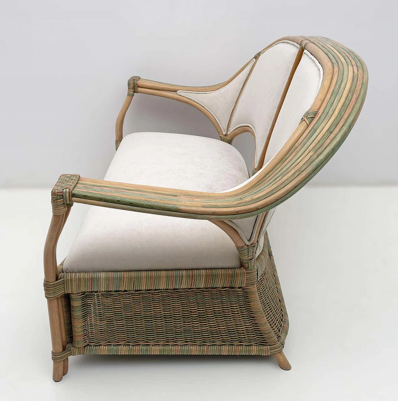 Pair of wicker and rattan armchairs and sofa, 1970s 14