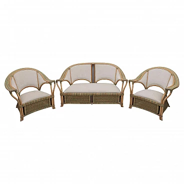 Pair of wicker and rattan armchairs and sofa, 1970s