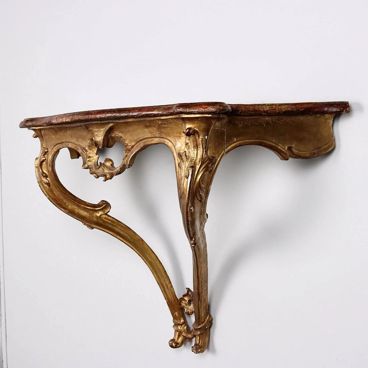 Consolle Barocchetto lombarda in legno dorato e marmorizzato, metà '700 9