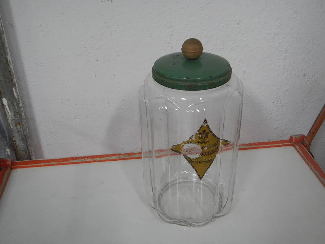Glass store jar with aluminum and wood lid, 1970s 1