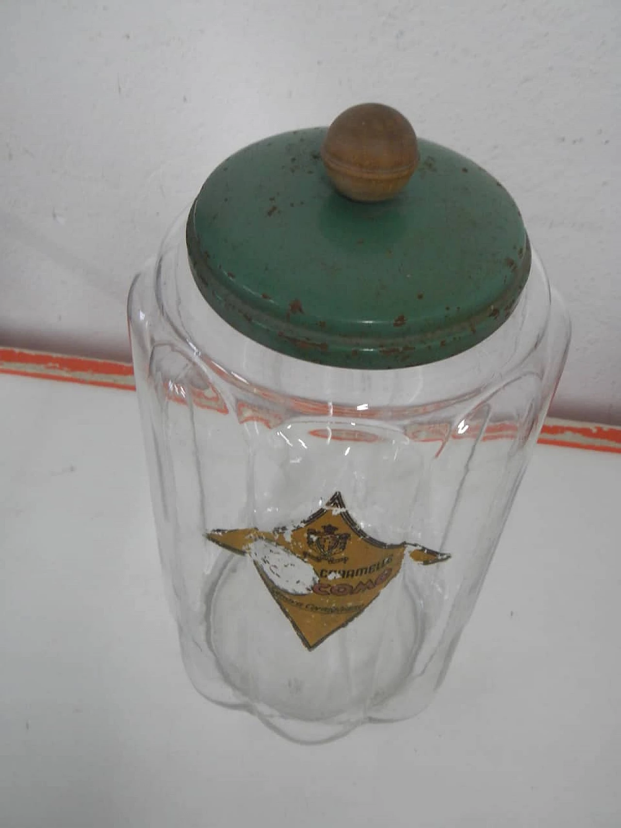 Glass store jar with aluminum and wood lid, 1970s 2