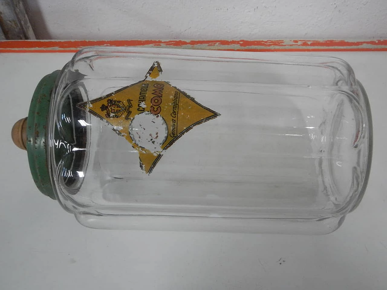 Glass store jar with aluminum and wood lid, 1970s 3