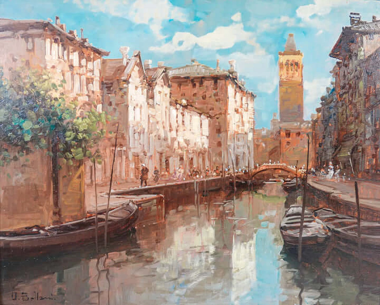 Canale a Venezia, dipinto a olio su masonite, anni '50 2