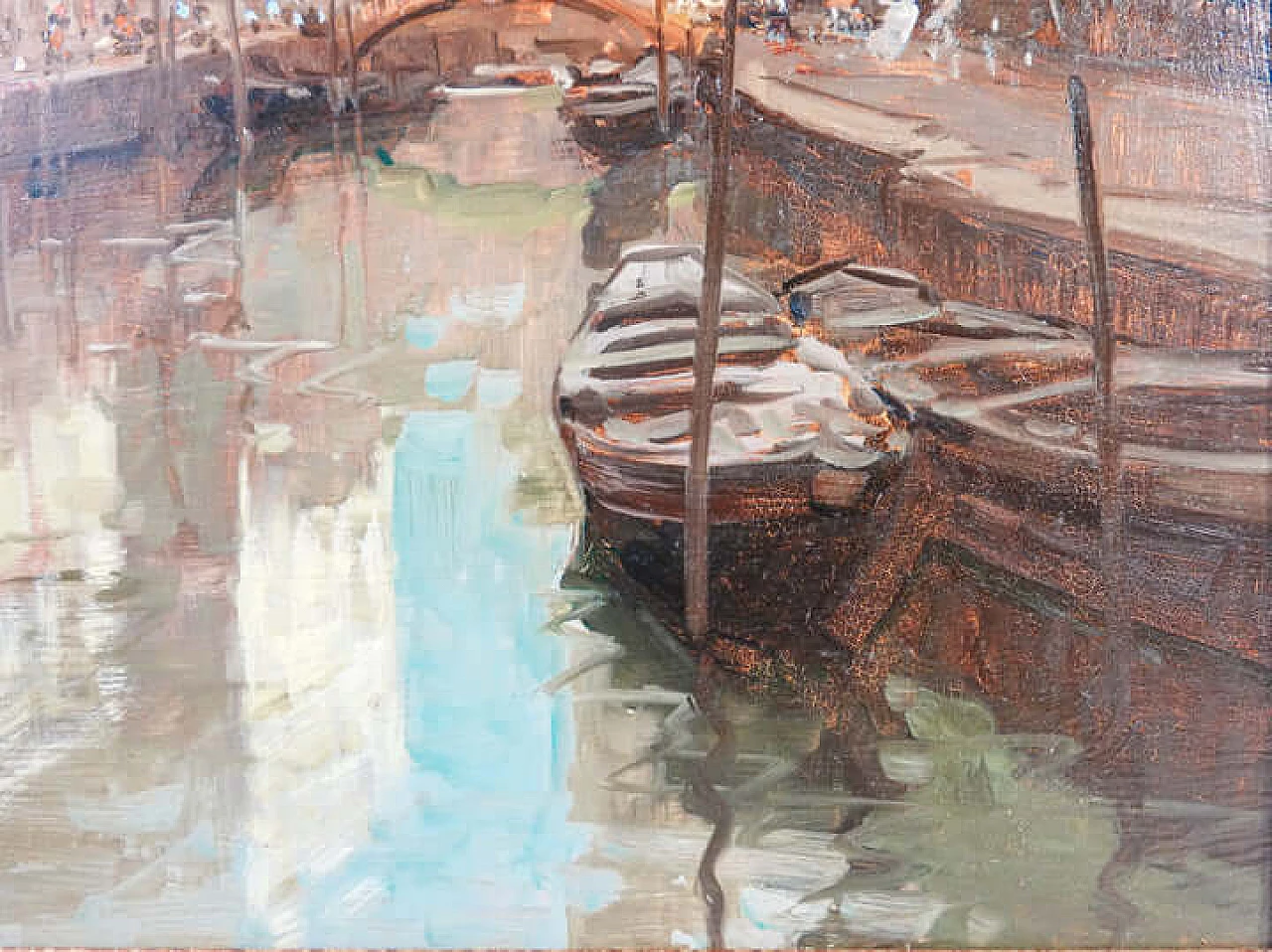 Canale a Venezia, dipinto a olio su masonite, anni '50 4