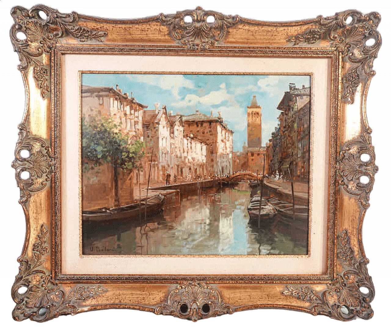 Canale a Venezia, dipinto a olio su masonite, anni '50 7