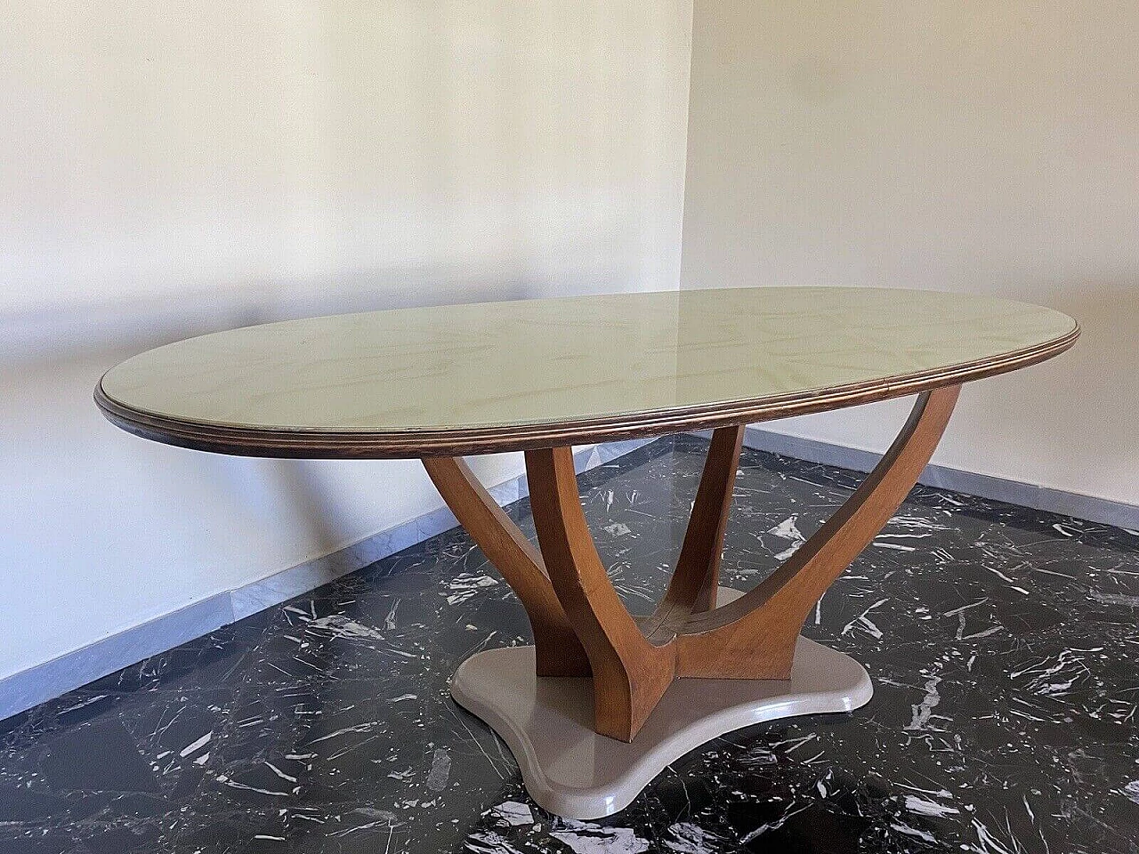 Wood, marble and marbled glass table by Vittorio Dassi, 1950s 7