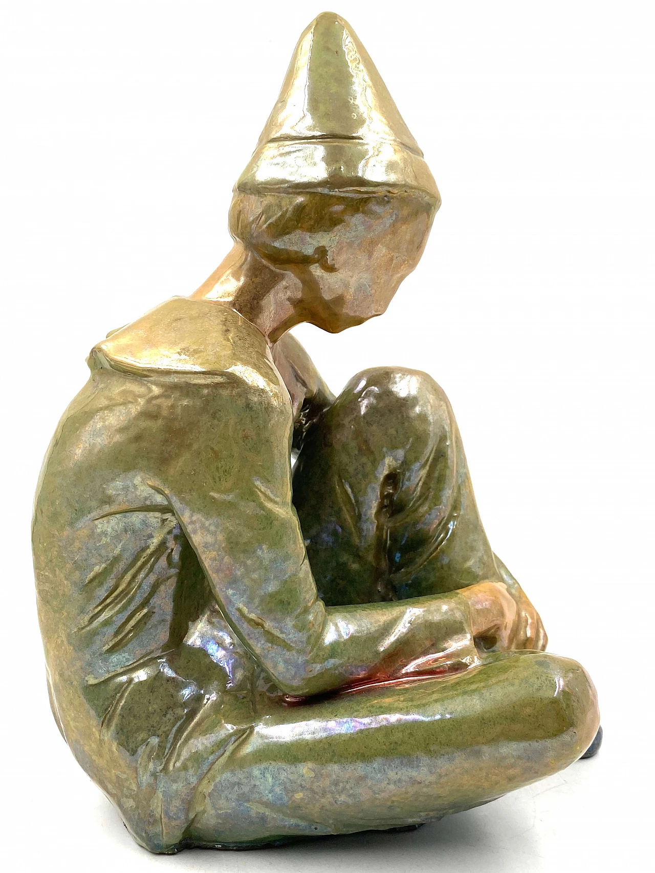 Statuina di ragazzo seduto in ceramica verde di Giordano Tronconi, anni '50 6