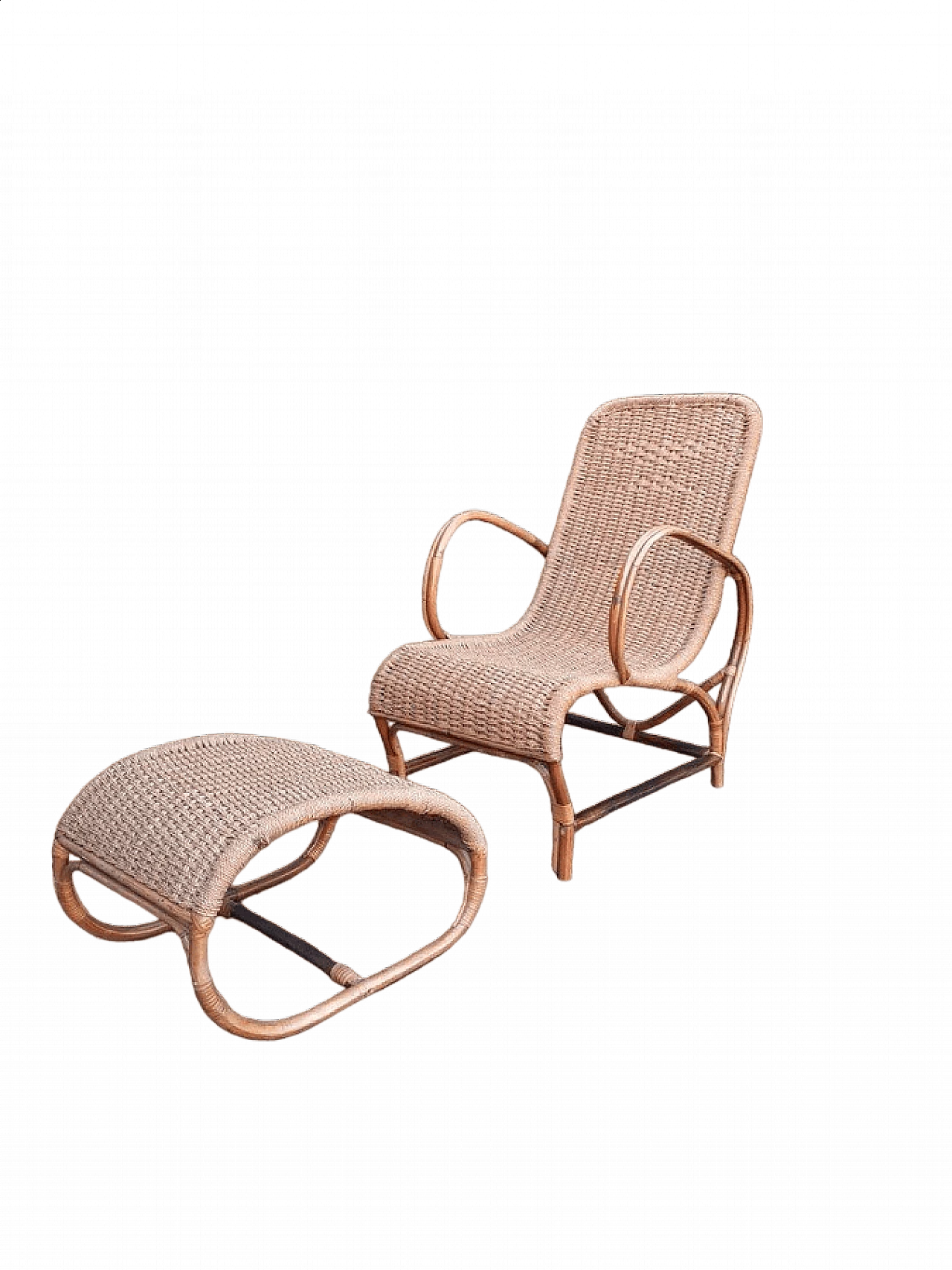 Poltrona con poggiapiedi in malacca e corda intrecciata con struttura in legno, anni '50 11