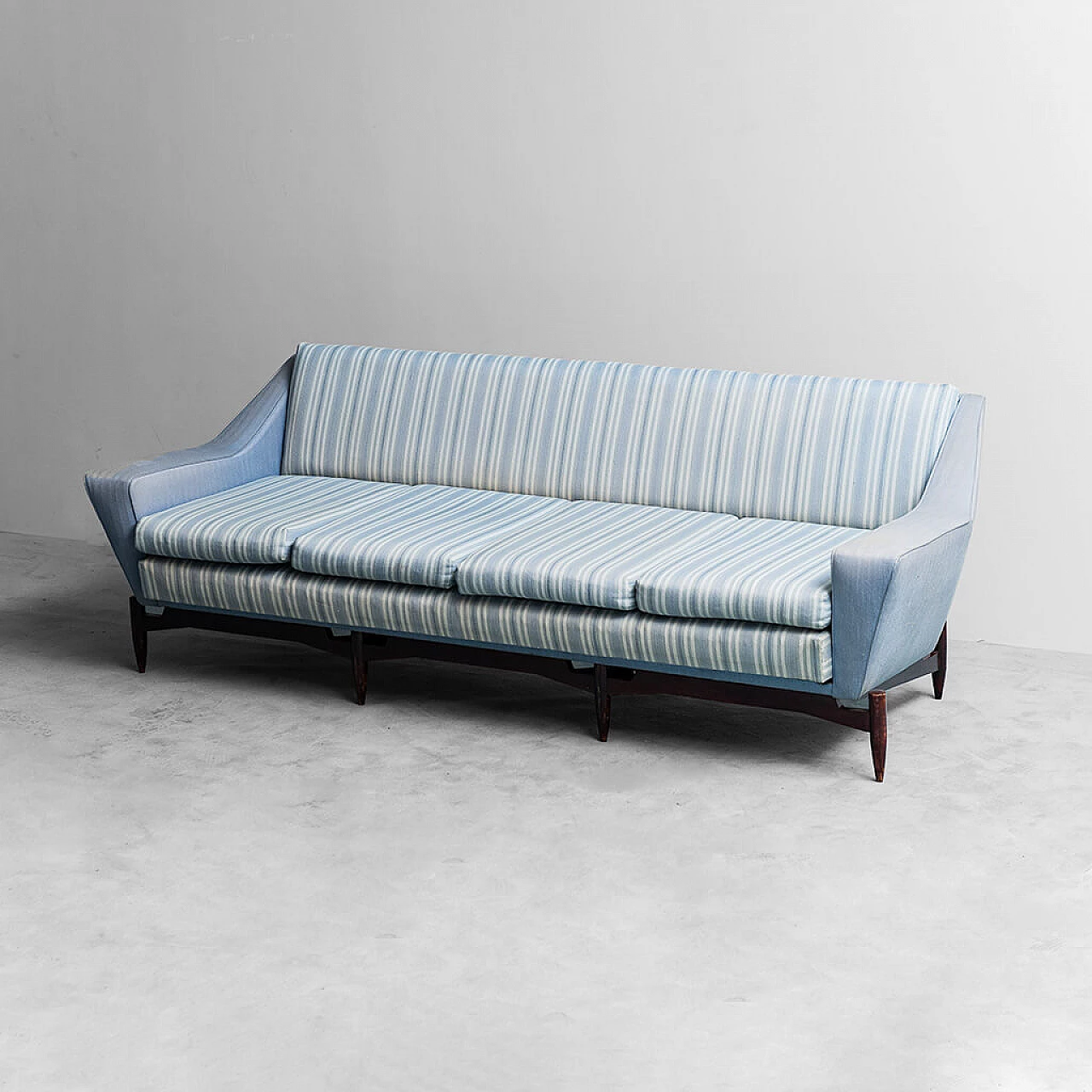 Four-seater sofa in wood and blue fabric, 1960s 1