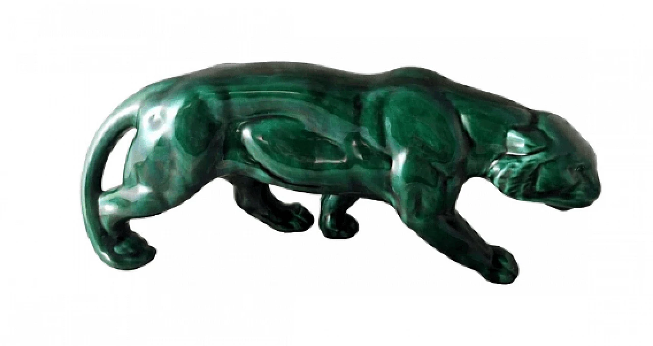 Art Deco green glazed ceramic panther sculpture, 1930s 1