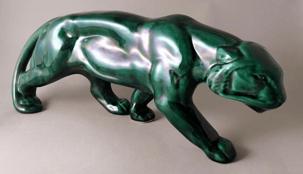 Art Deco green glazed ceramic panther sculpture, 1930s 2