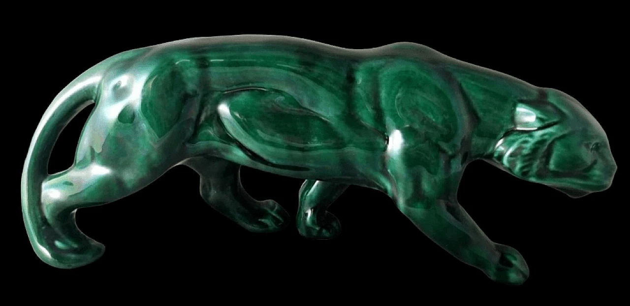 Art Deco green glazed ceramic panther sculpture, 1930s 3