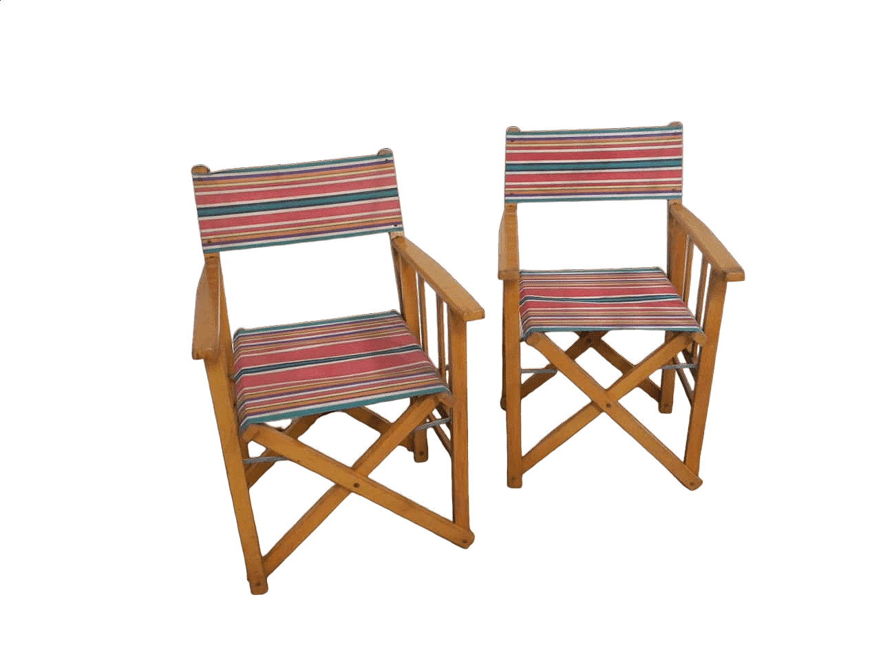 Coppia di sedie pieghevoli in abete e stoffa plastificata, anni '70 9
