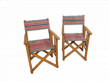 Coppia di sedie pieghevoli in abete e stoffa plastificata, anni '70