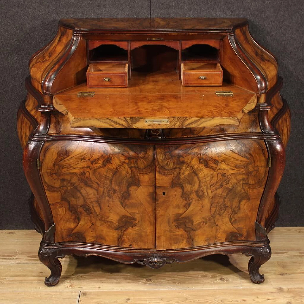 Walnut, briar and beech urn flap desk, 1960s 7