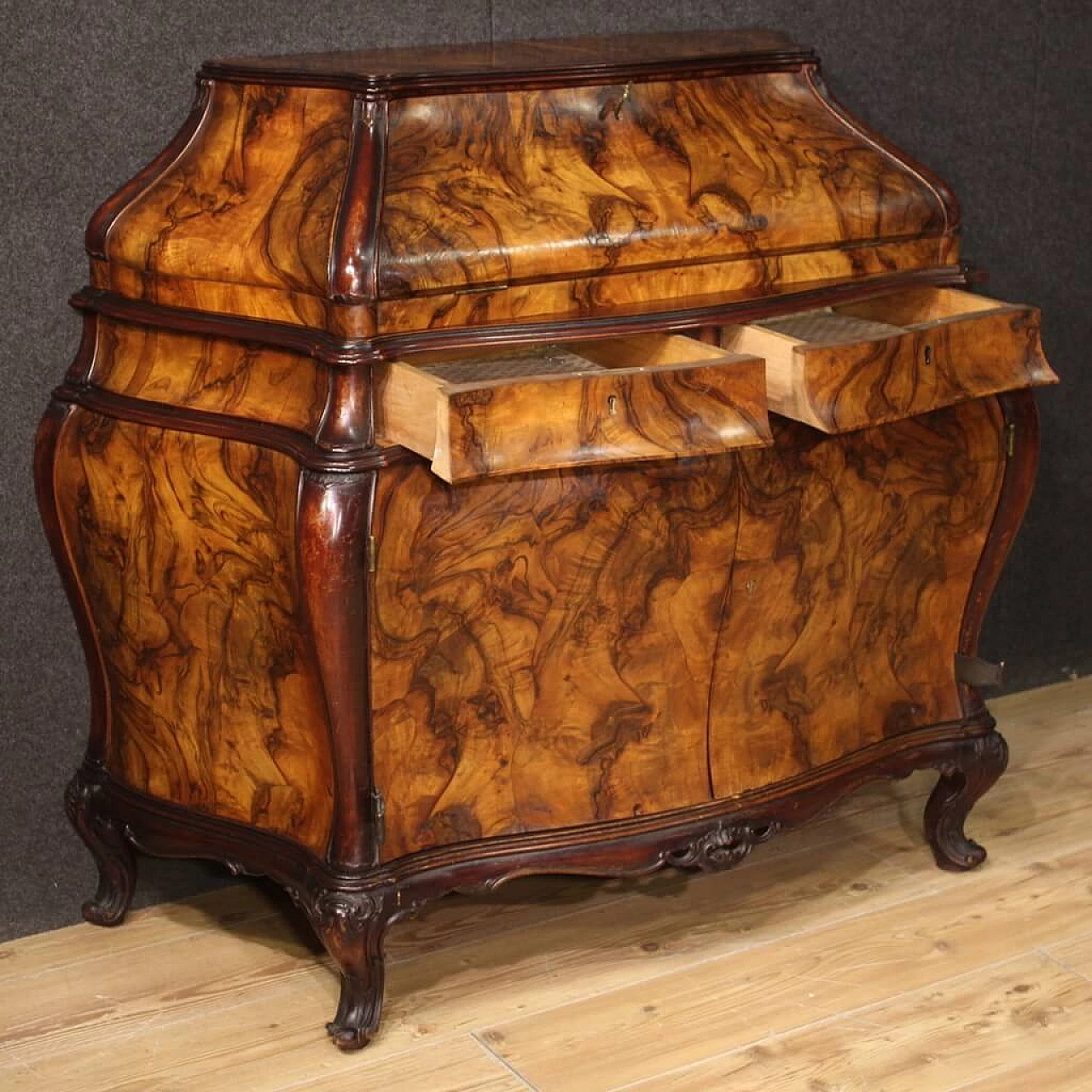 Walnut, briar and beech urn flap desk, 1960s 12