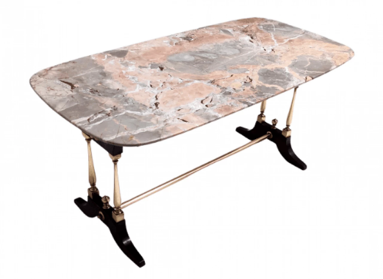 Tavolino in faggio, metallo, ottone e marmo Breccia Pernice, anni '60 1
